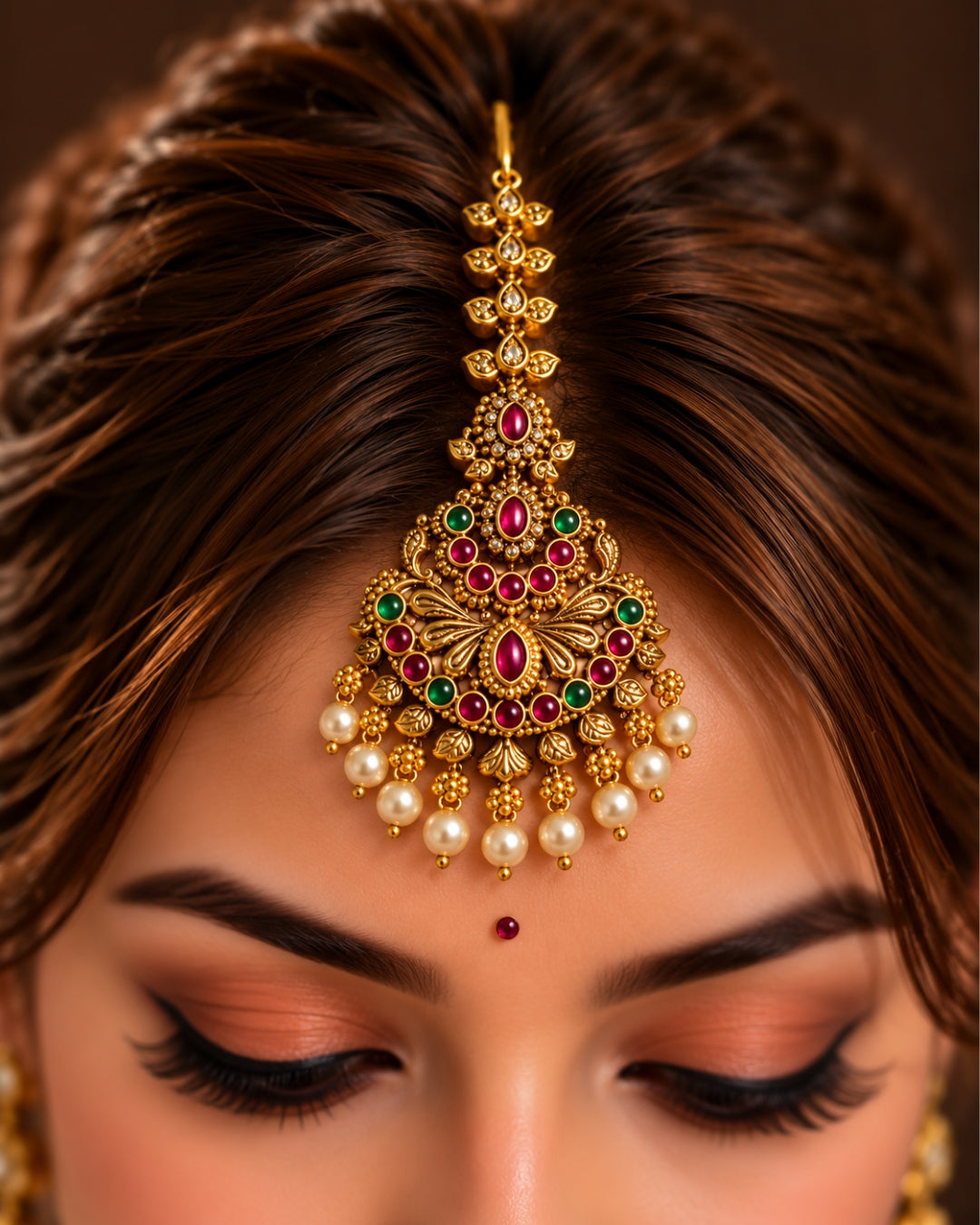 Red & Green studded with beads Gold plated Maang Tikka