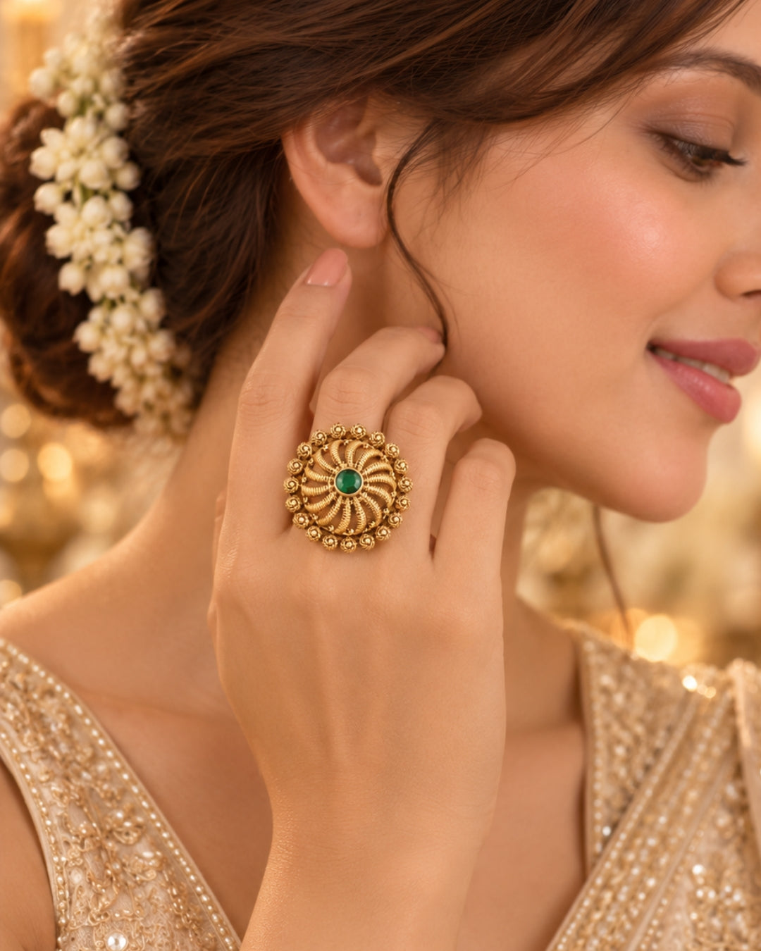 Gold Plated Emerald Studded Adjustable Ring