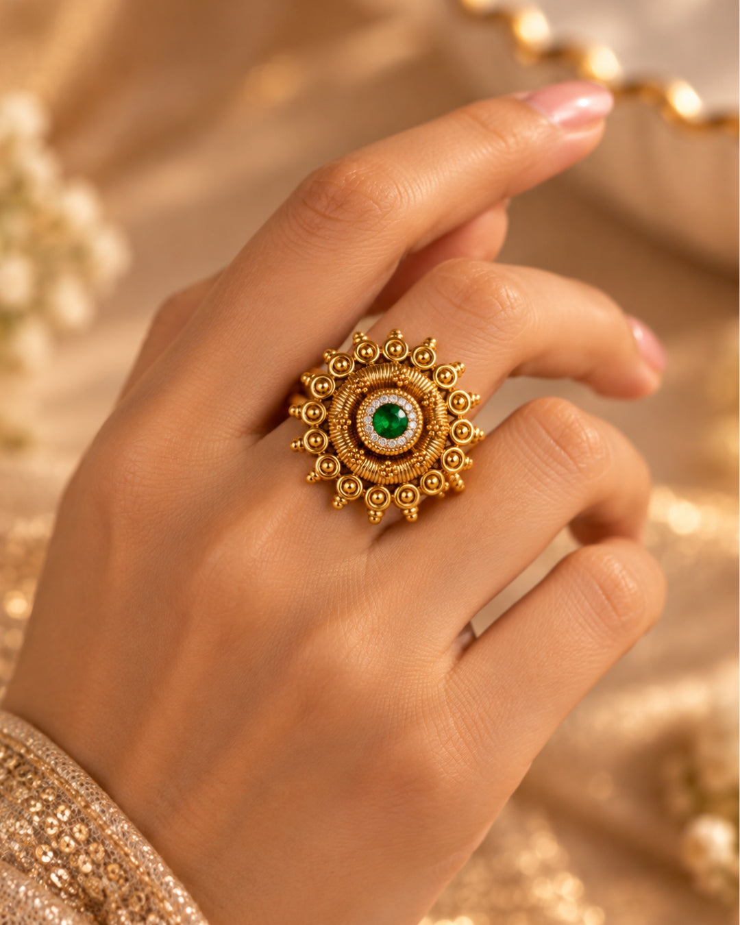 Gold Plated Emerald & AD Studded Floral Ring