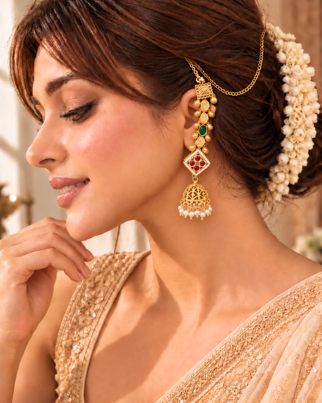 22K Micron Gold Plated Emerald Green Jadau Jhumka with Earchain White Pearl Detailing