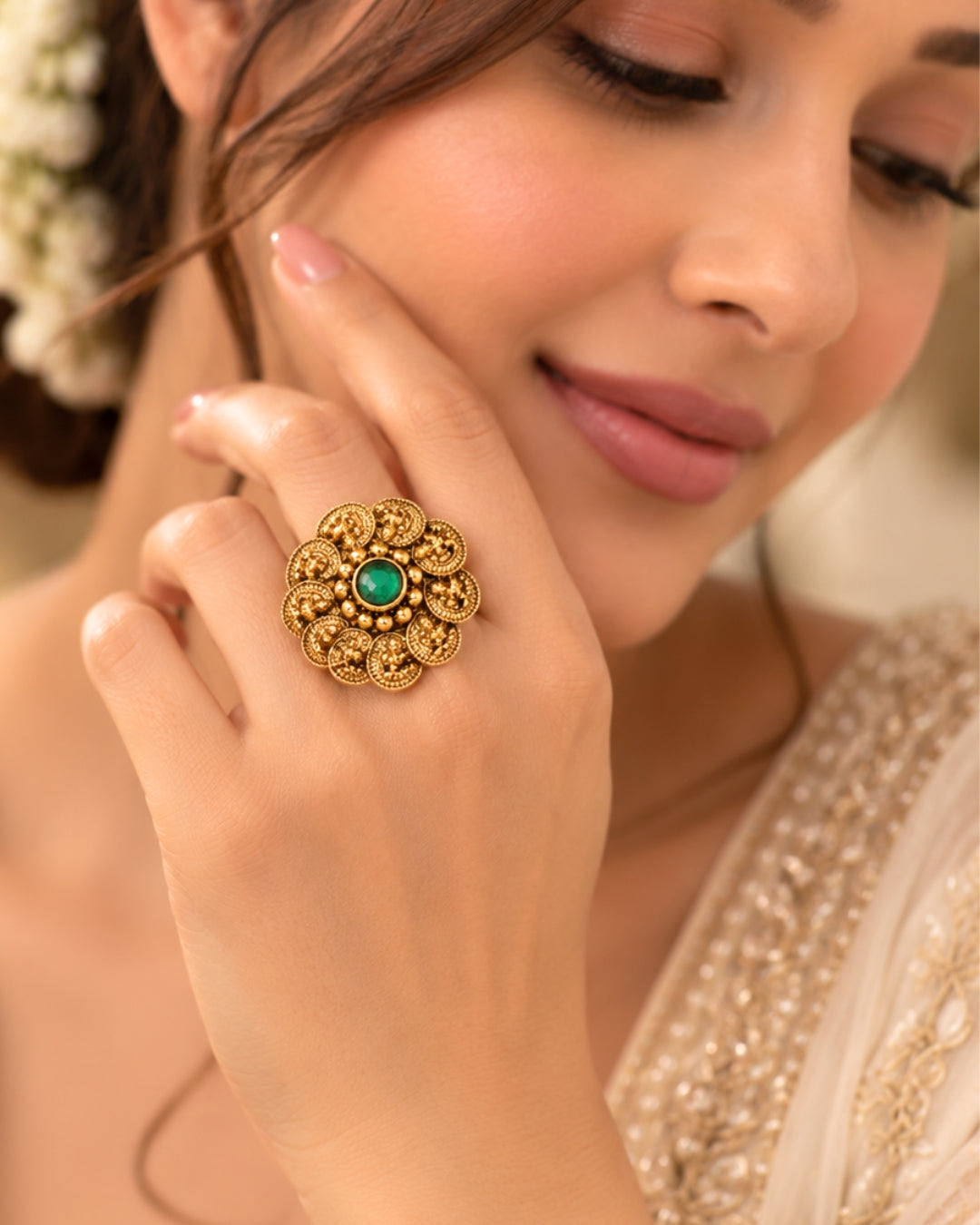 Temple Gold Plated Emerald Laxmi Coin Adjustable Ring