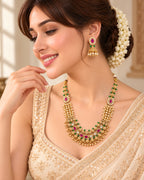 Jadau Traditional Necklace Set with Emerald Pearl and Ruby Detailing