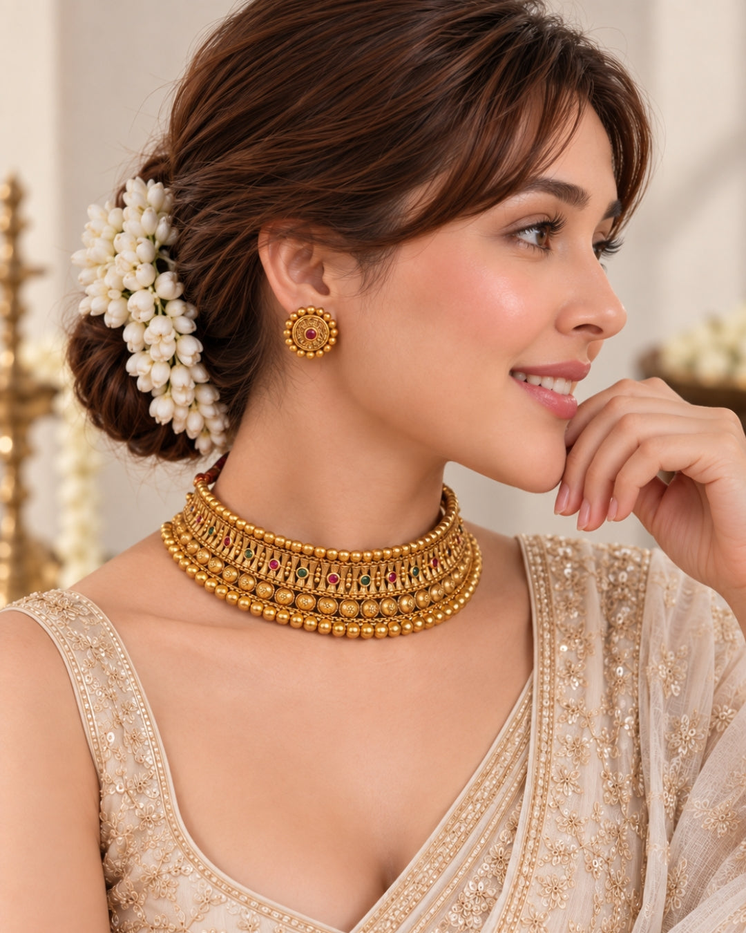 Traditional Gold-Plated Choker Necklace & Earrings Set