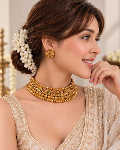 Traditional Gold-Plated Choker Necklace & Earrings Set