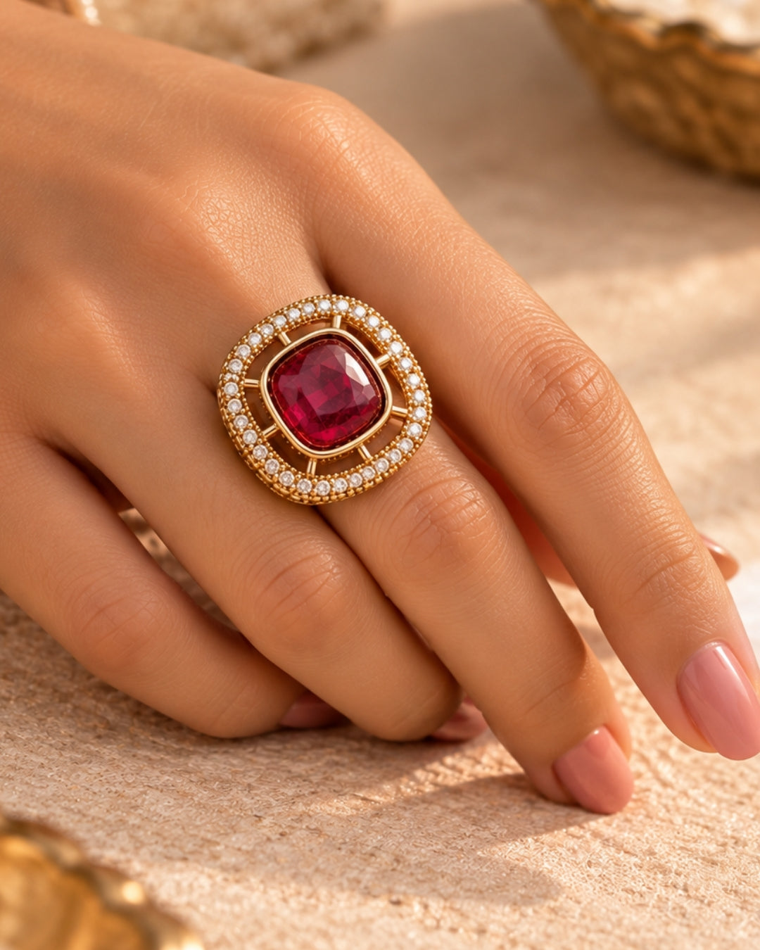 Square AD & Centre Ruby Studded Adjustable Ring