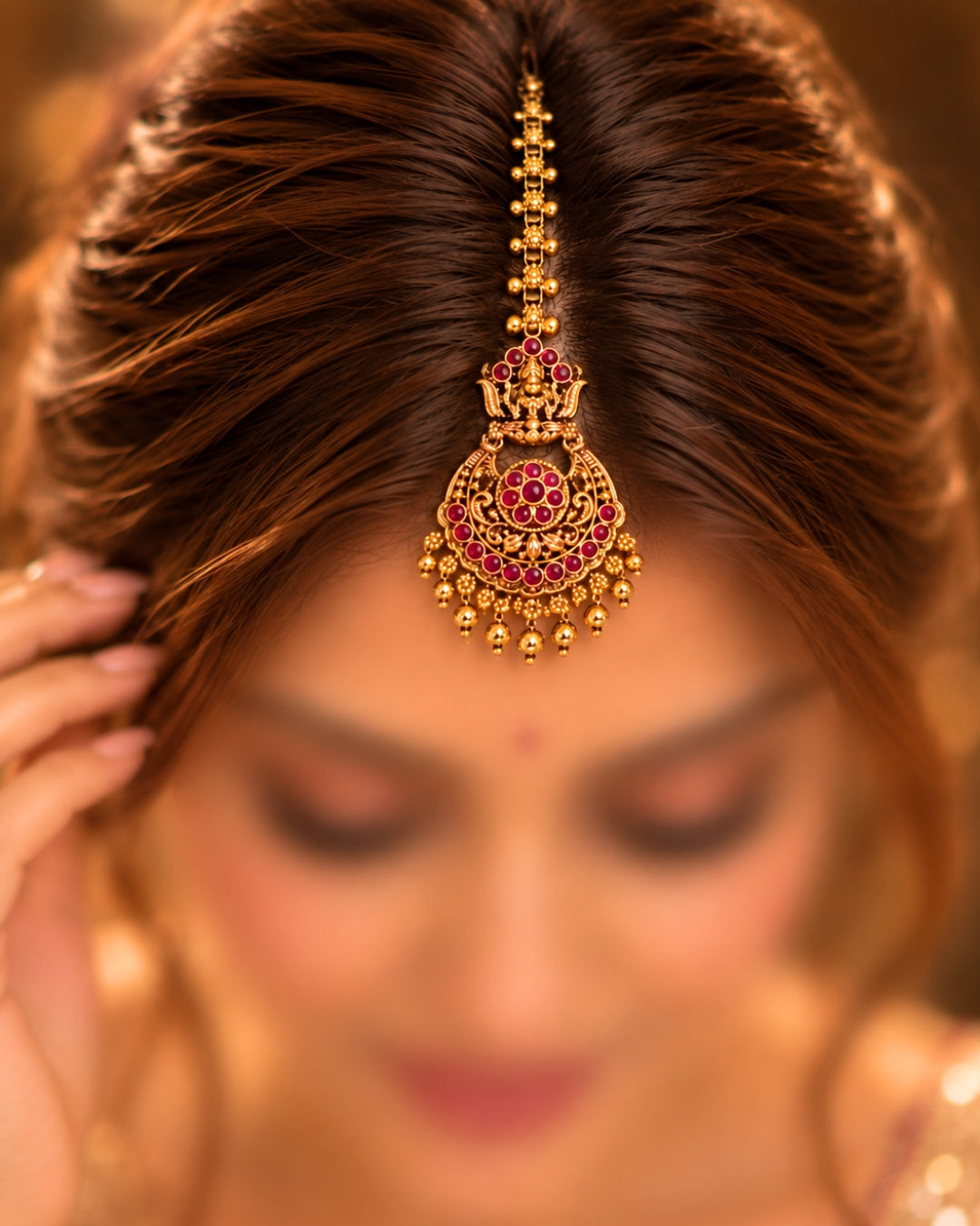 Temple Gold plated Red stone Maang Tikka