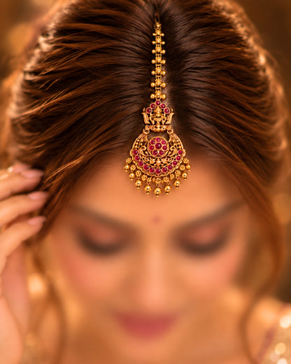 Temple Gold plated Red stone Maang Tikka