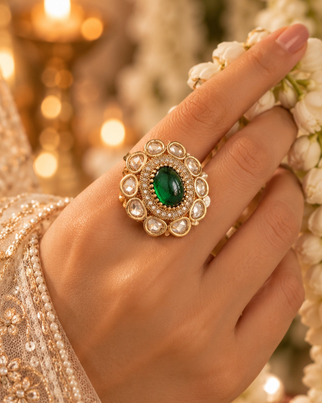 Oval Kundan Gold-Plated Green Stone & AD Ring