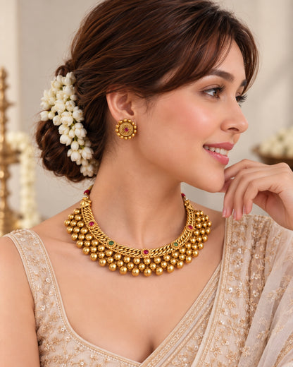 Gold Plated Round Artificial Beaded Stone Studded Necklace Set