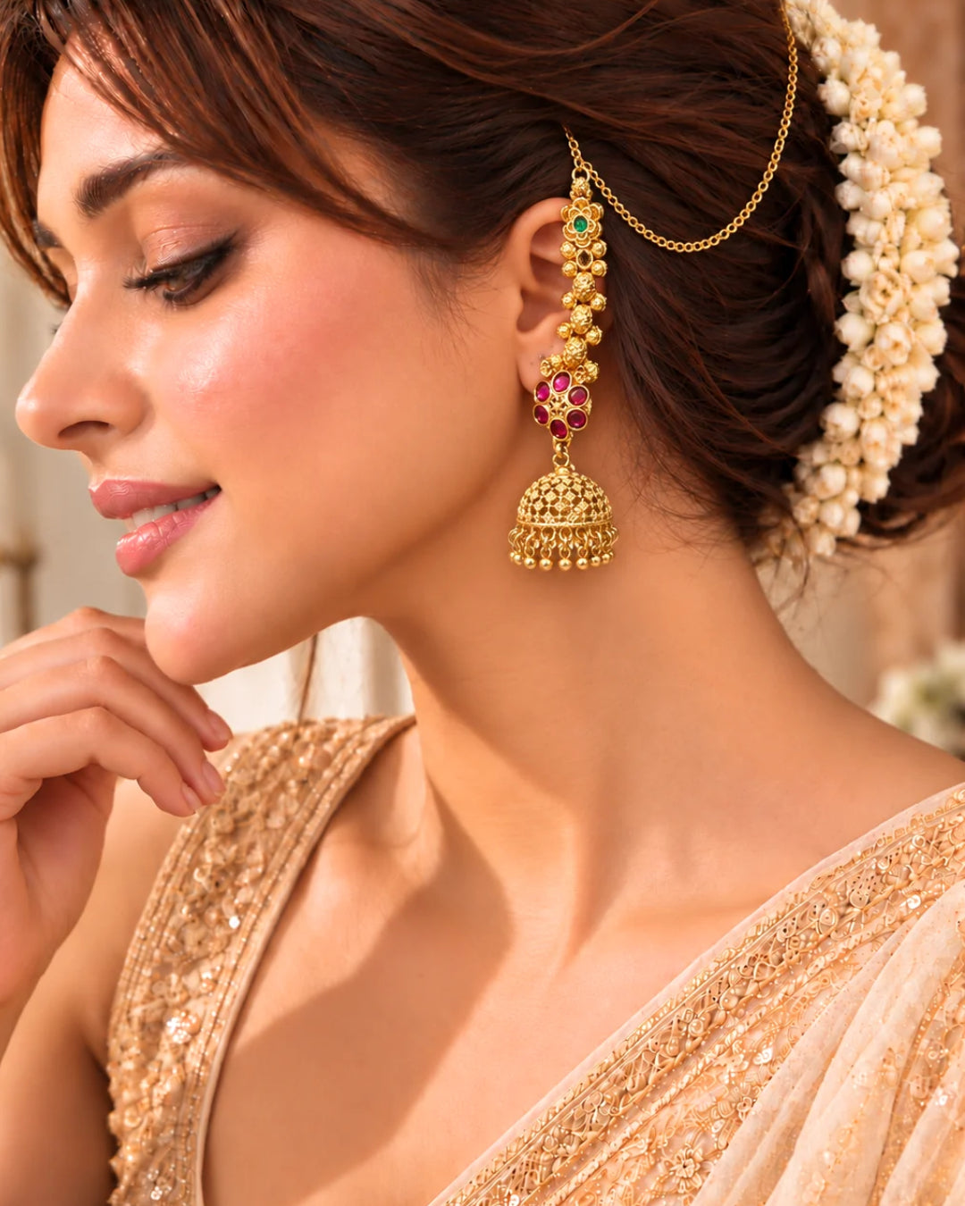 22K Micron Gold Plated Floral Traditional Jhumka with Earchain
