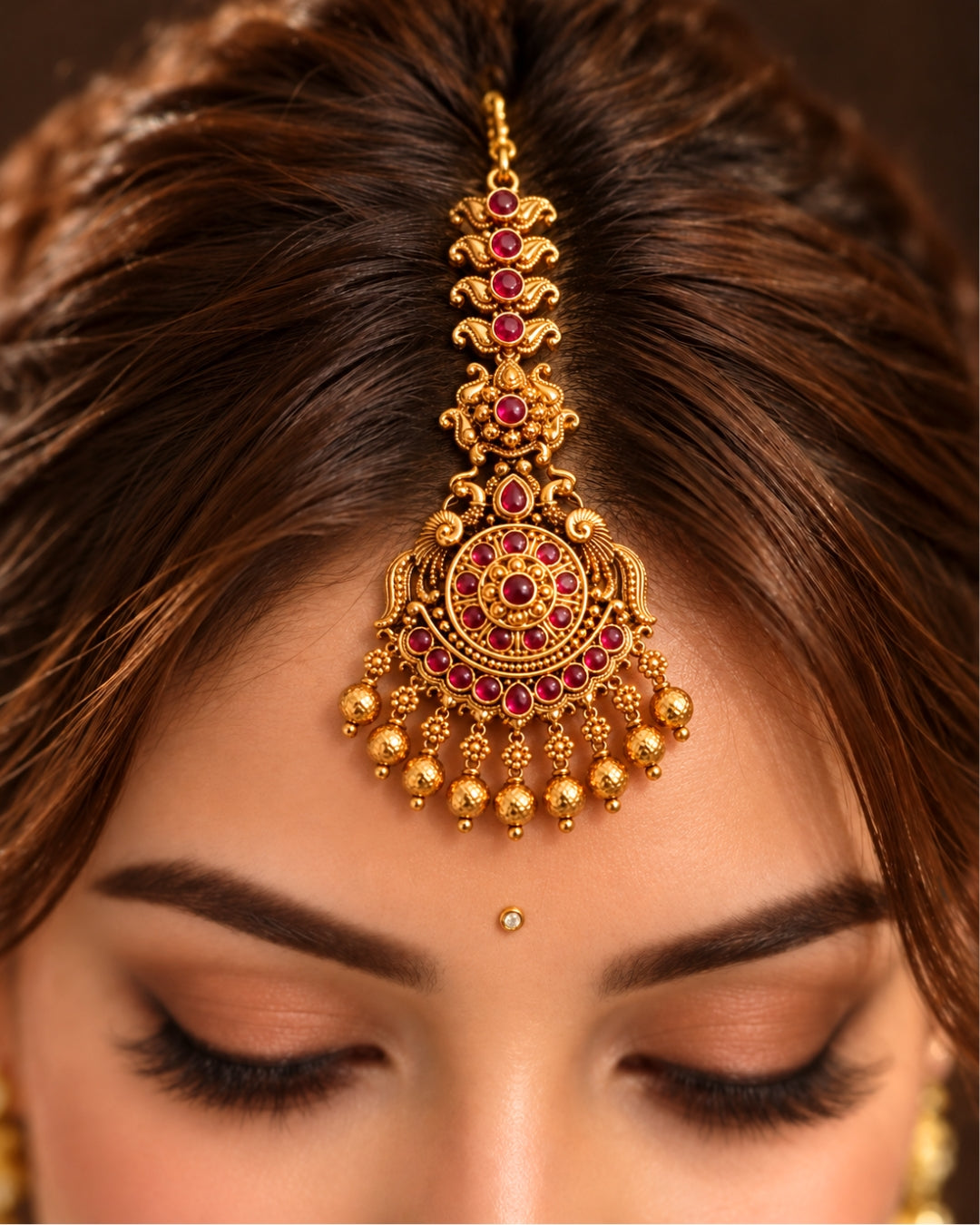 Gold-Plated Handcrafted Golden Beaded Embellished Maang Tikka