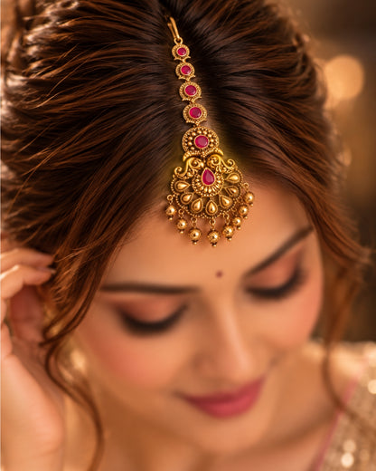 Gold-Plated Ruby Studded Golden Beads Maang Tikka