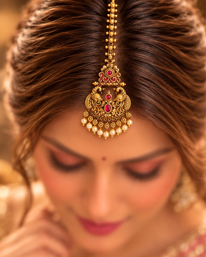 Antique Gold Plated Peacock Red Stone Maang Tikka