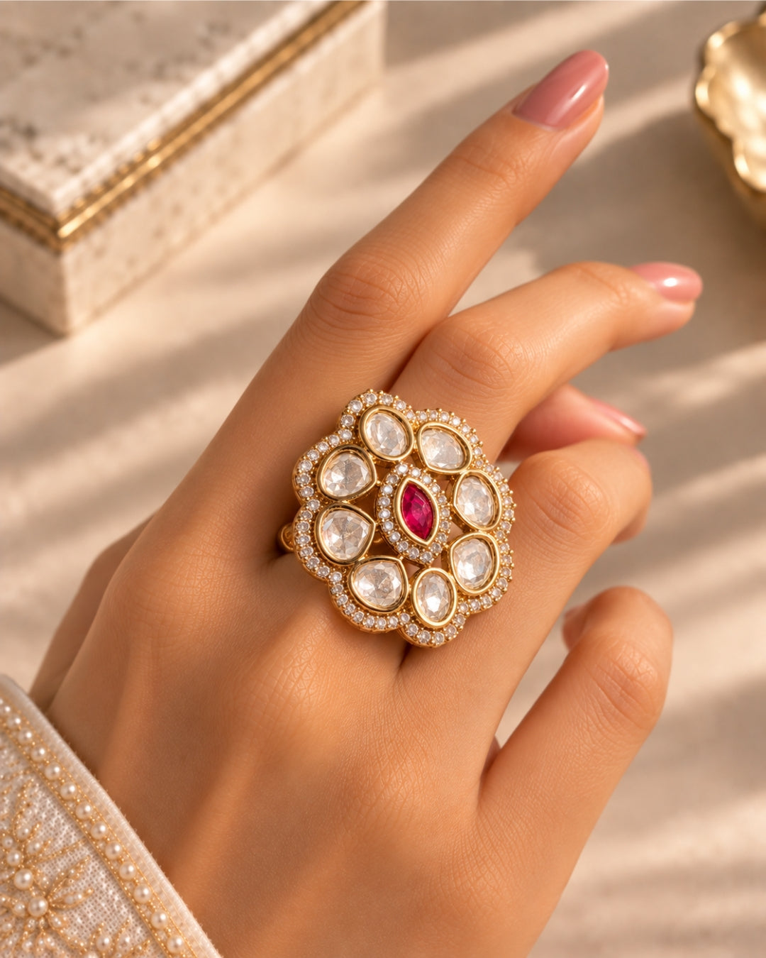 Kundan Pink Stone AD Gold-Plated Adjustable Ring