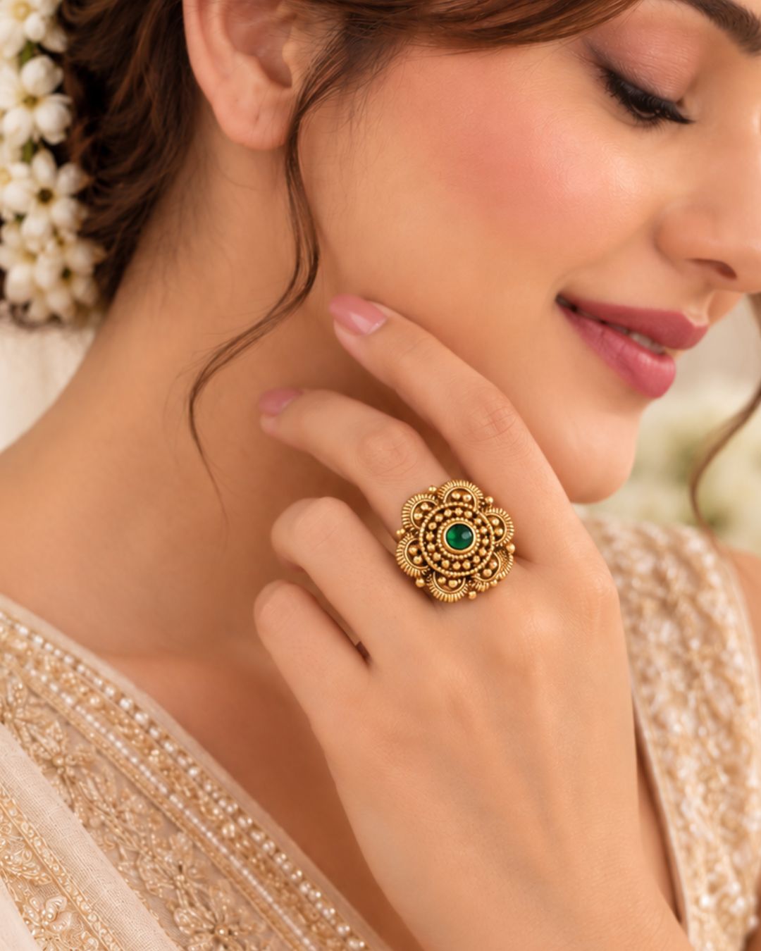 Antique Gold Plated Emerald Floral Carved Adjustable Ring