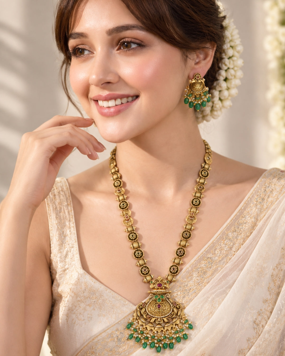 Long Traditional Green Beaded Necklace Set