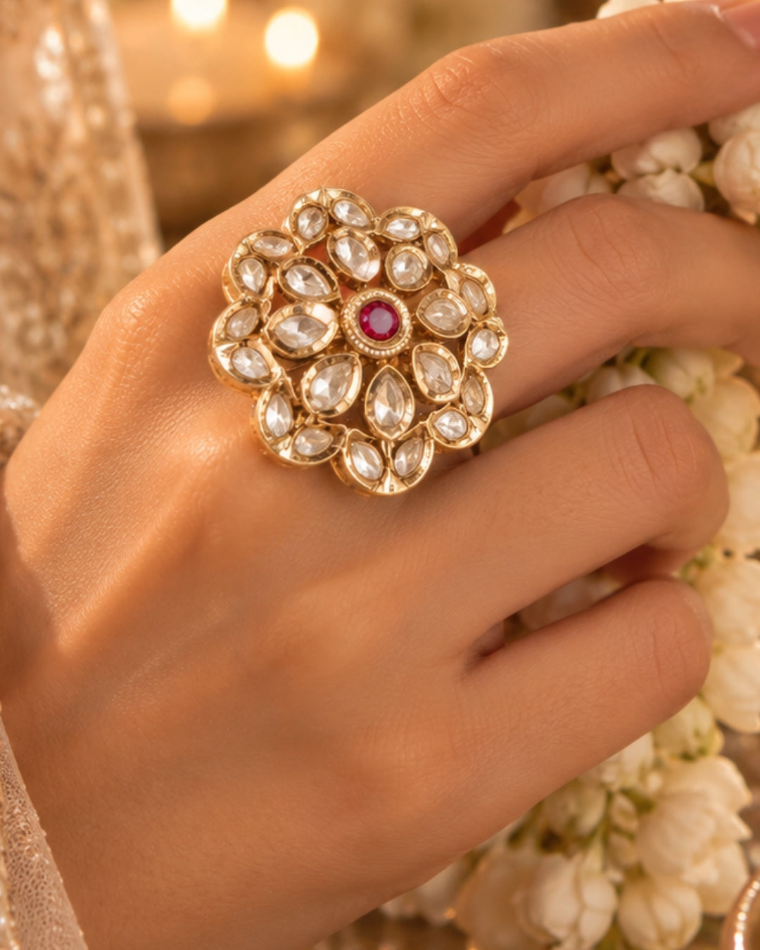 Floral Kundan Studded Gold-Plated Red Stone Ring