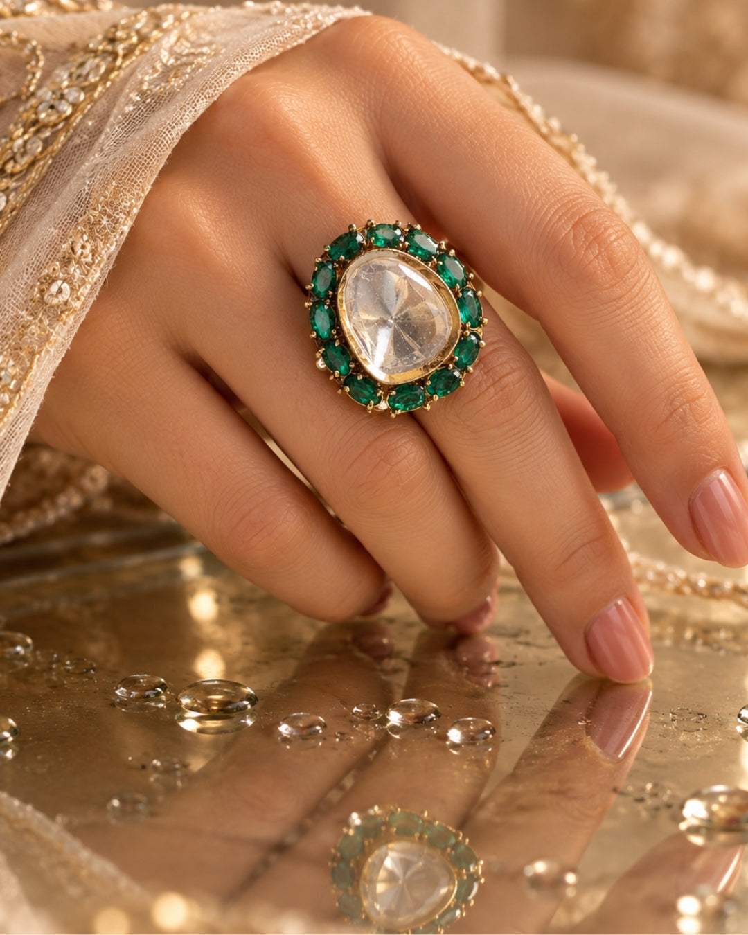 Kundan & Emerald Studded Gold-Plated Adjustable Ring