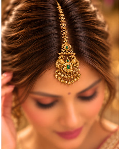 Antique Gold Plated Peacock Green Stone Maang Tikka