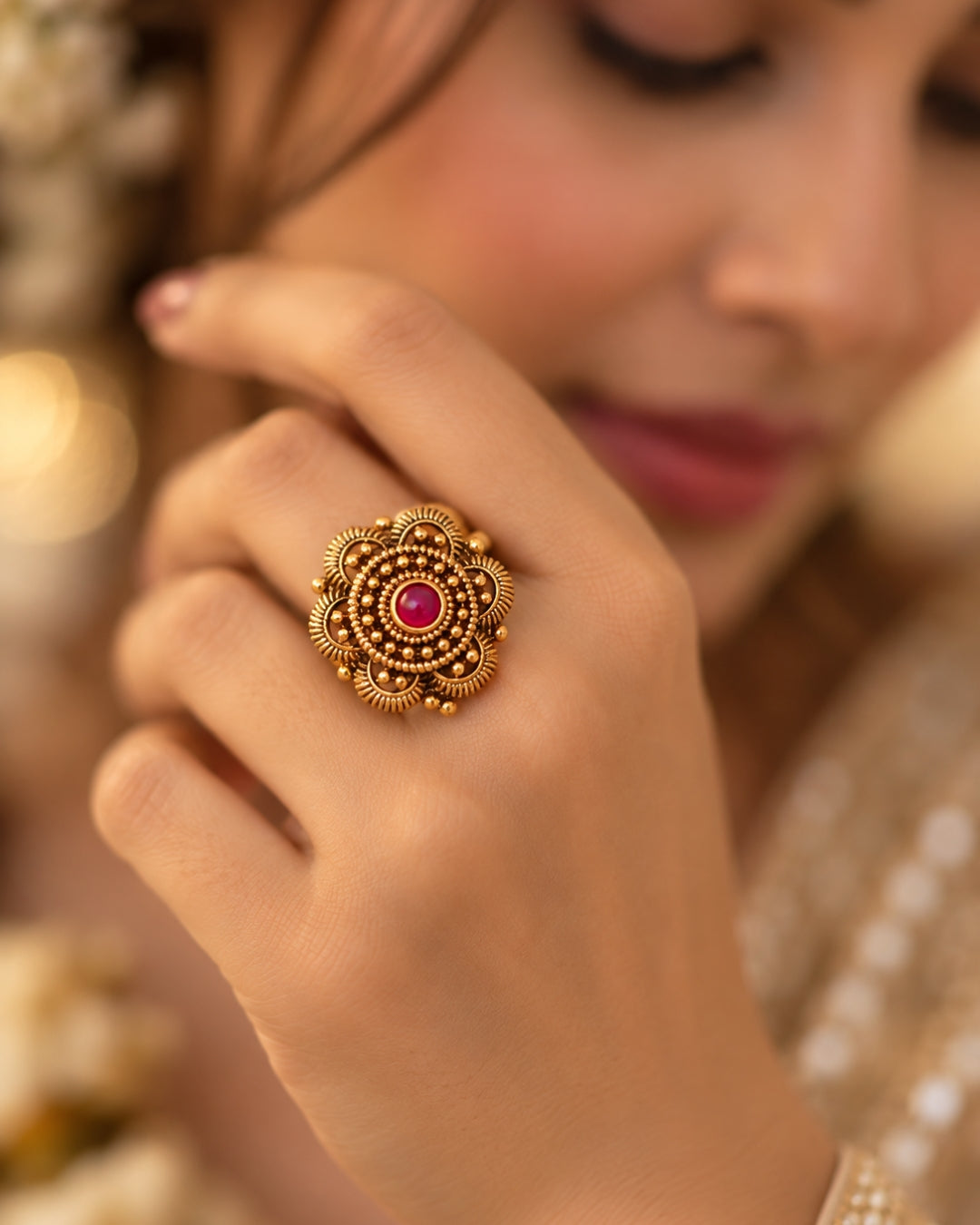 Antique Gold Plated Ruby Floral Carved Adjustable Ring