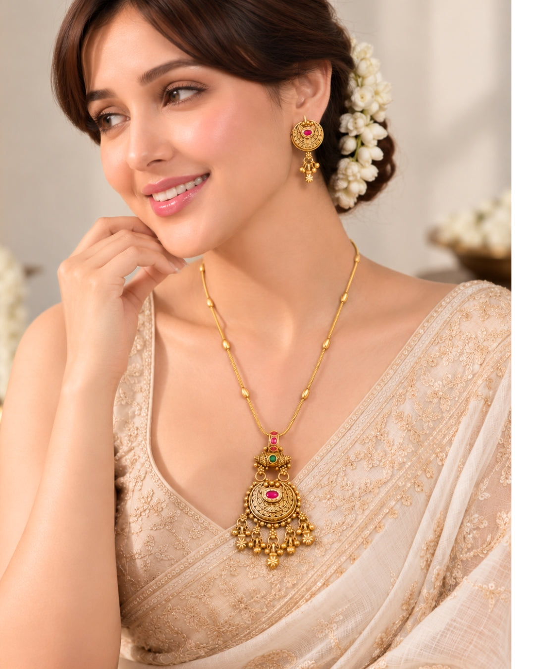 Gold-Plated Moon-Shaped Pink Stone Pendant Necklace Set