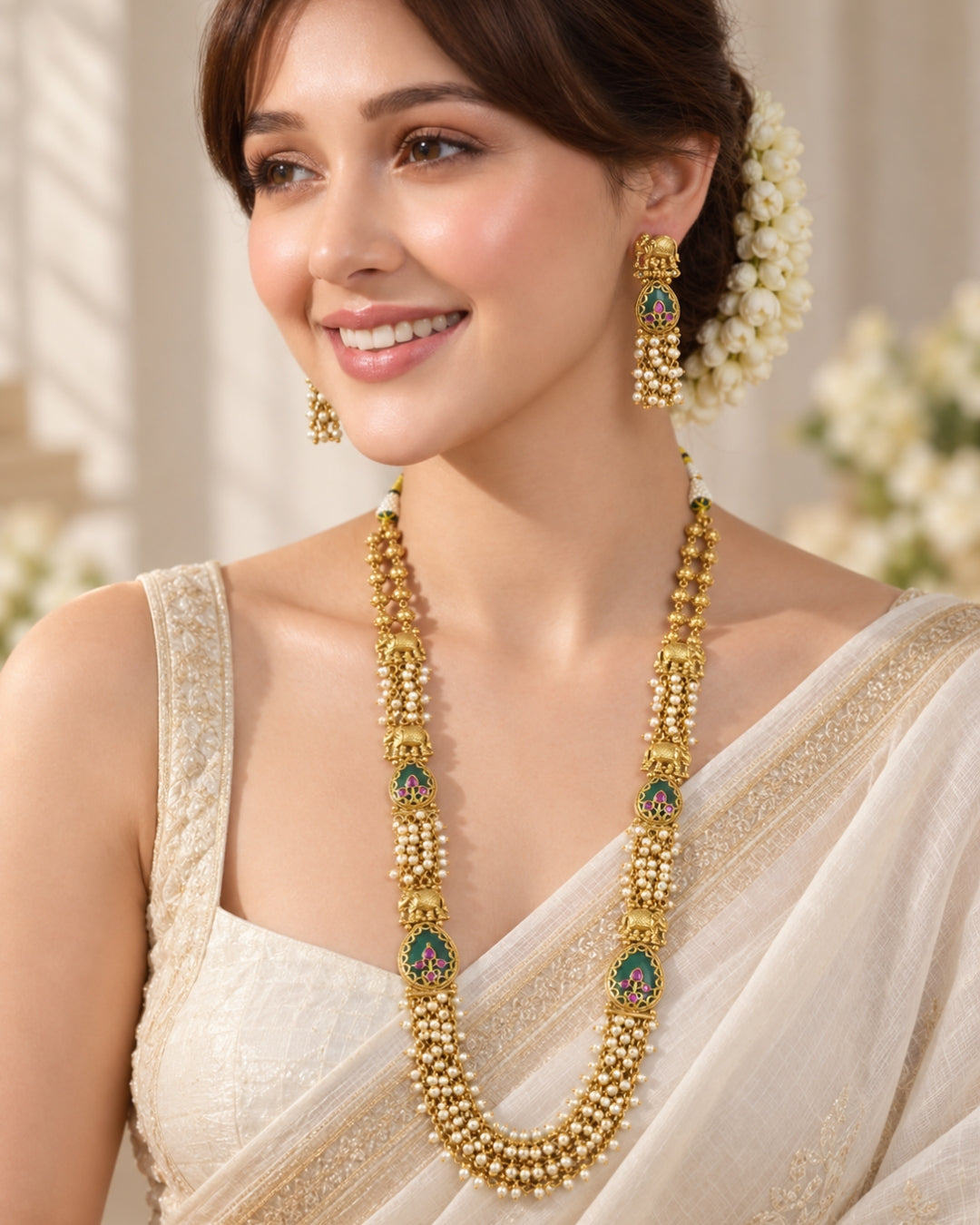 Emerald Elephant Motif Antique Gold Plated Long Necklace Set