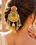 22K Micron Gold-Plated Rajwadi Jadau Stone & Beaded Hair Accessory with Jhumka Drop