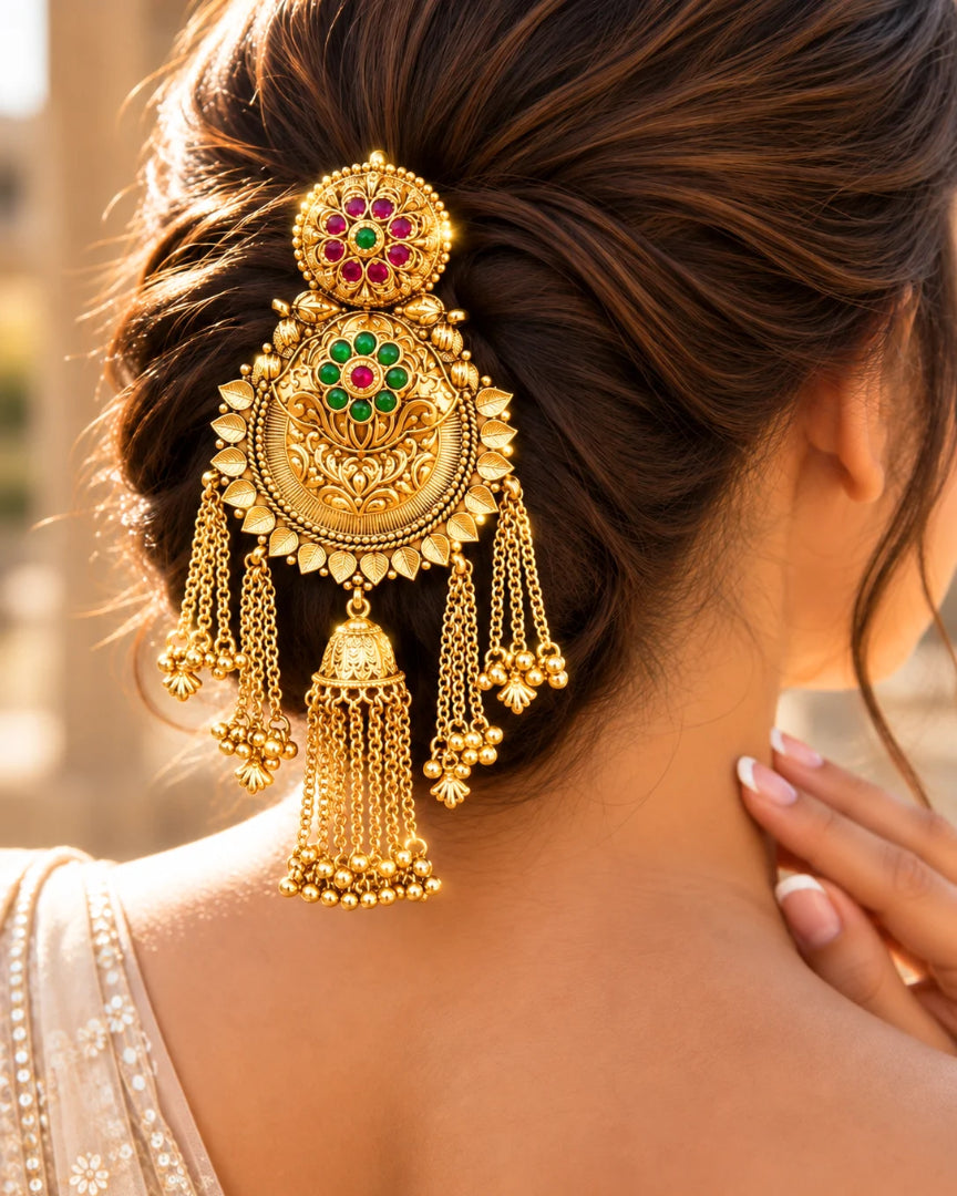 22K Micron Gold-Plated Rajwadi Jadau Stone & Beaded Hair Accessory with Jhumka Drop