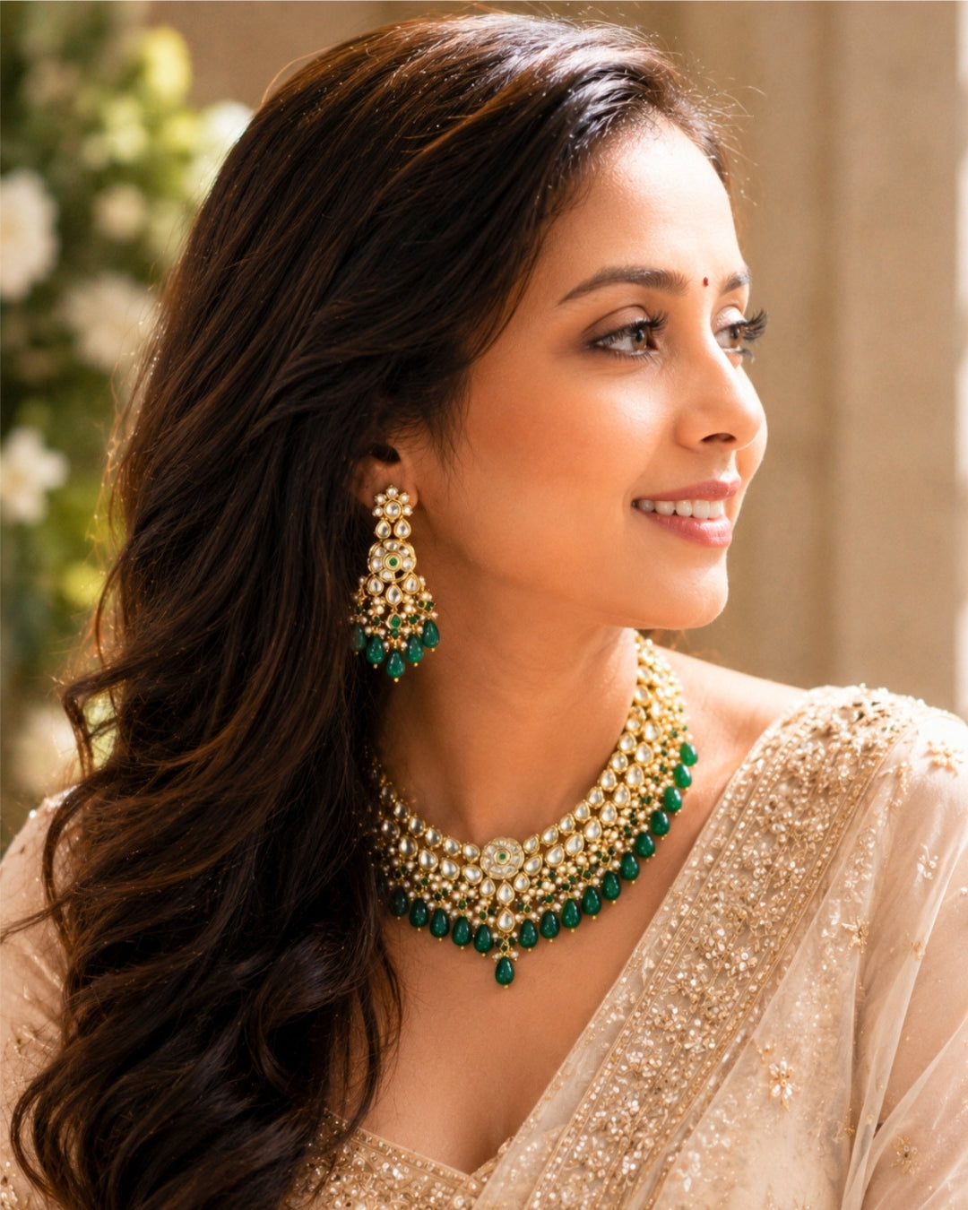 Kundan with Green Beaded Gold Plated Necklace Set