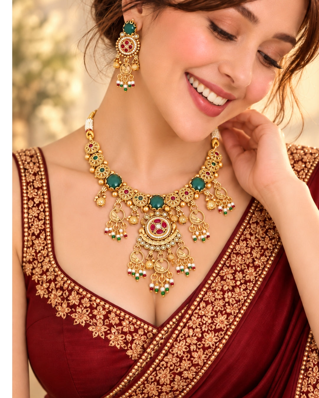Emerald Studded Gold-Plated Beaded Necklace Set
