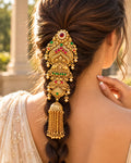 22K Micron Gold Plated Multicolour Stone Studded & Beaded Hair Accessory with Jhumka Drop