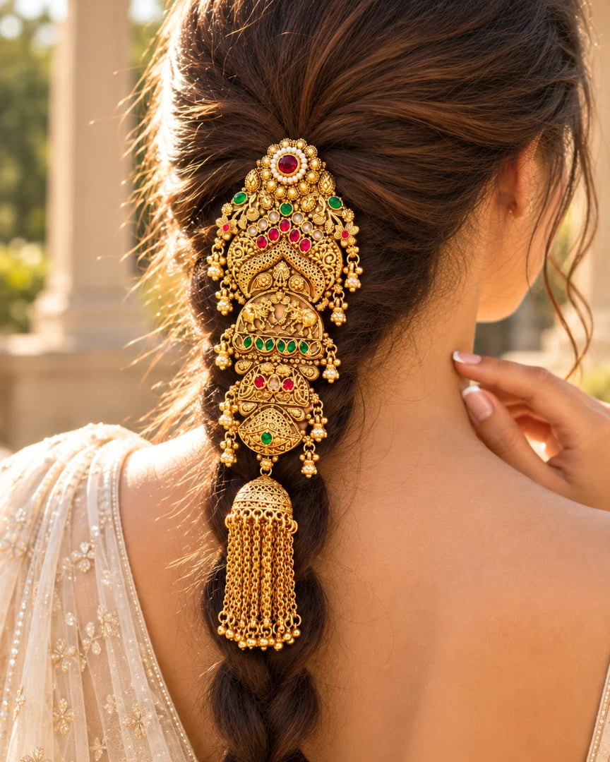 22K Micron Gold Plated Multicolour Stone Studded & Beaded Hair Accessory with Jhumka Drop