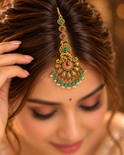 Handcrafted Gold Plated Multicolor Beads and Stones Maang Tikka