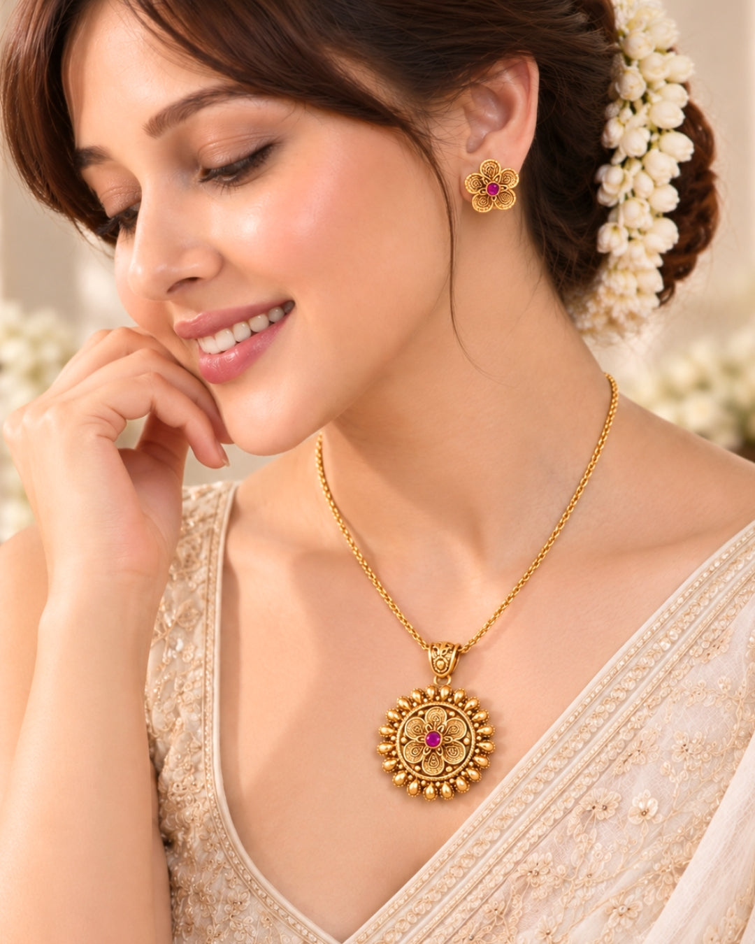 Gold Plated Round Floral Ruby Necklace & Earrings set