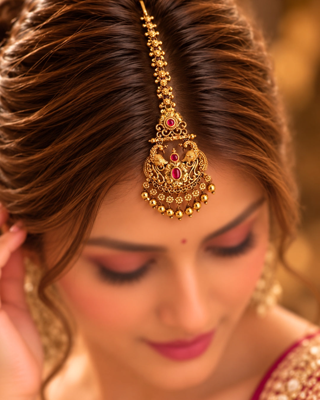 Peacock Design Golden Beaded Stone Maang Tikka