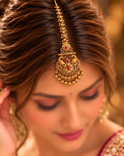 Peacock Design Golden Beaded Stone Maang Tikka