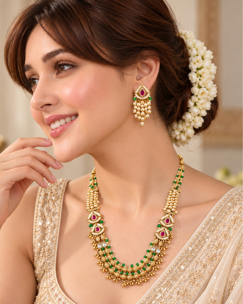 Jadau Gold Emerald and Ruby Traditional Necklace Set