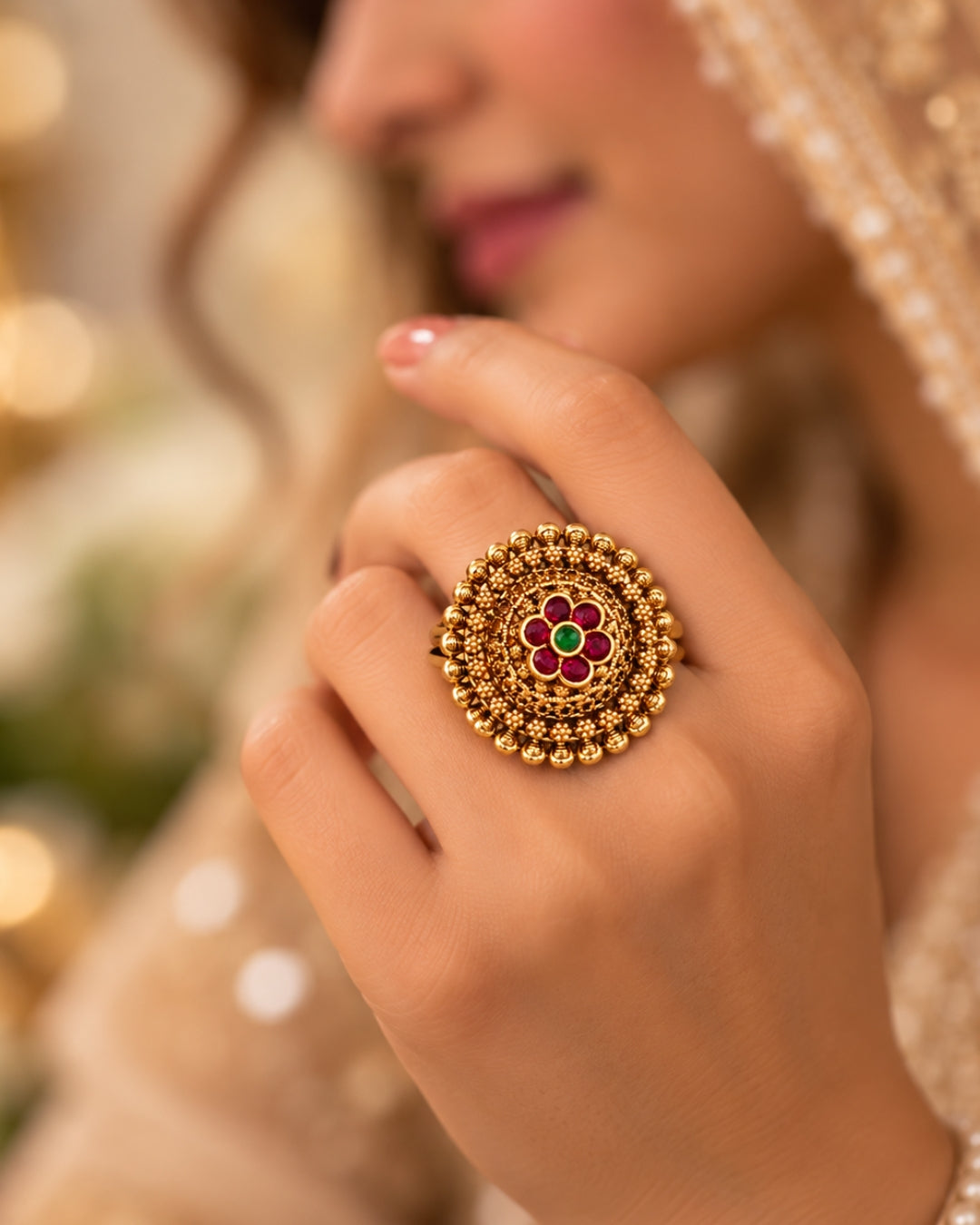 Antique Gold Plated Intricate Ruby Floral Ring