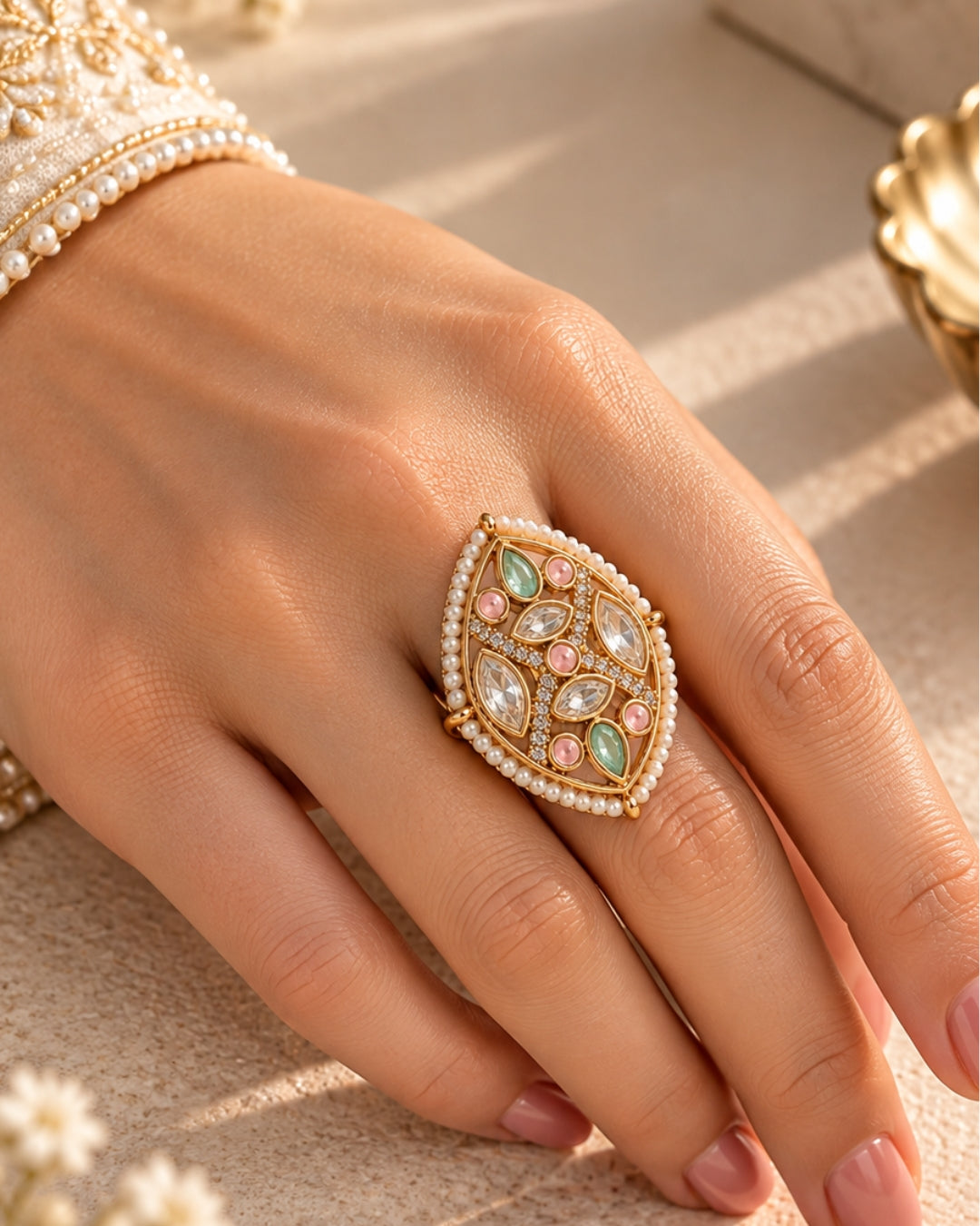 Kundan & AD Studded Pearl-Edge Adjustable Ring