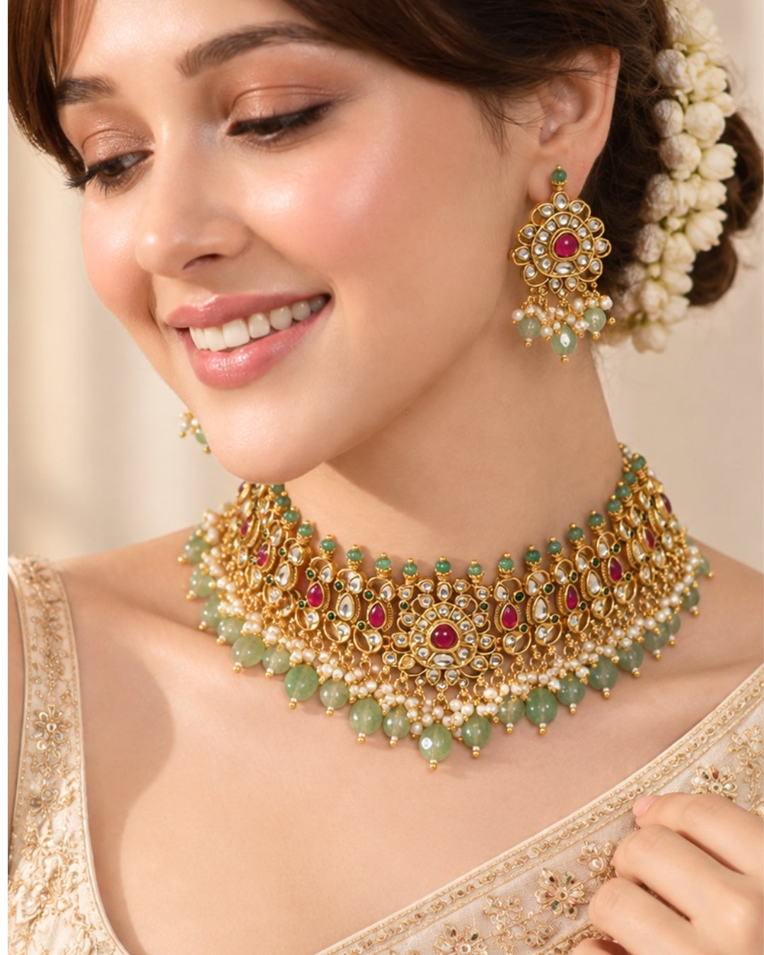 Kundan Studded & Mint Beaded Gold-Plated Choker Necklace Set