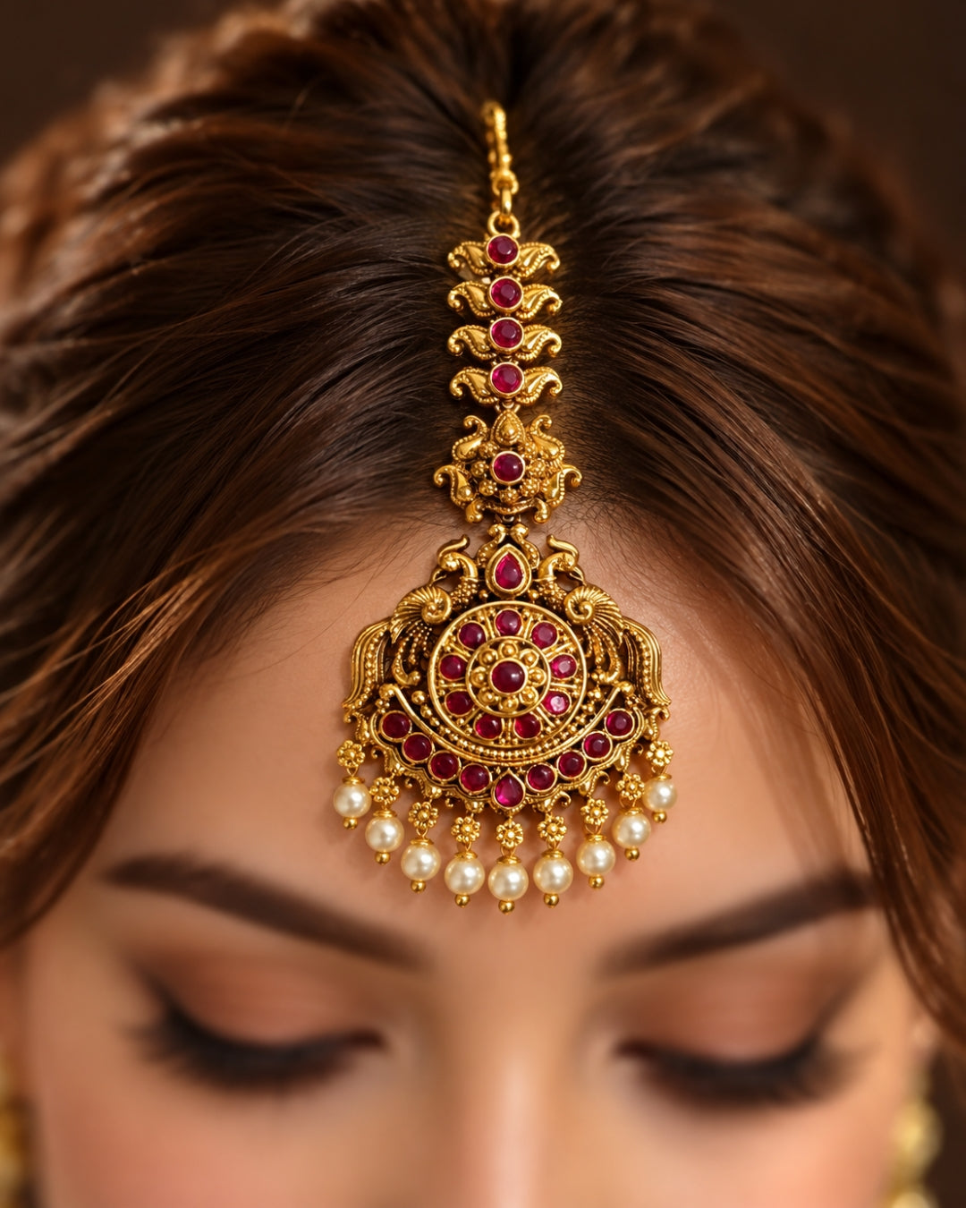 Handcrafted White Beads & Red Stones Maang Tikka