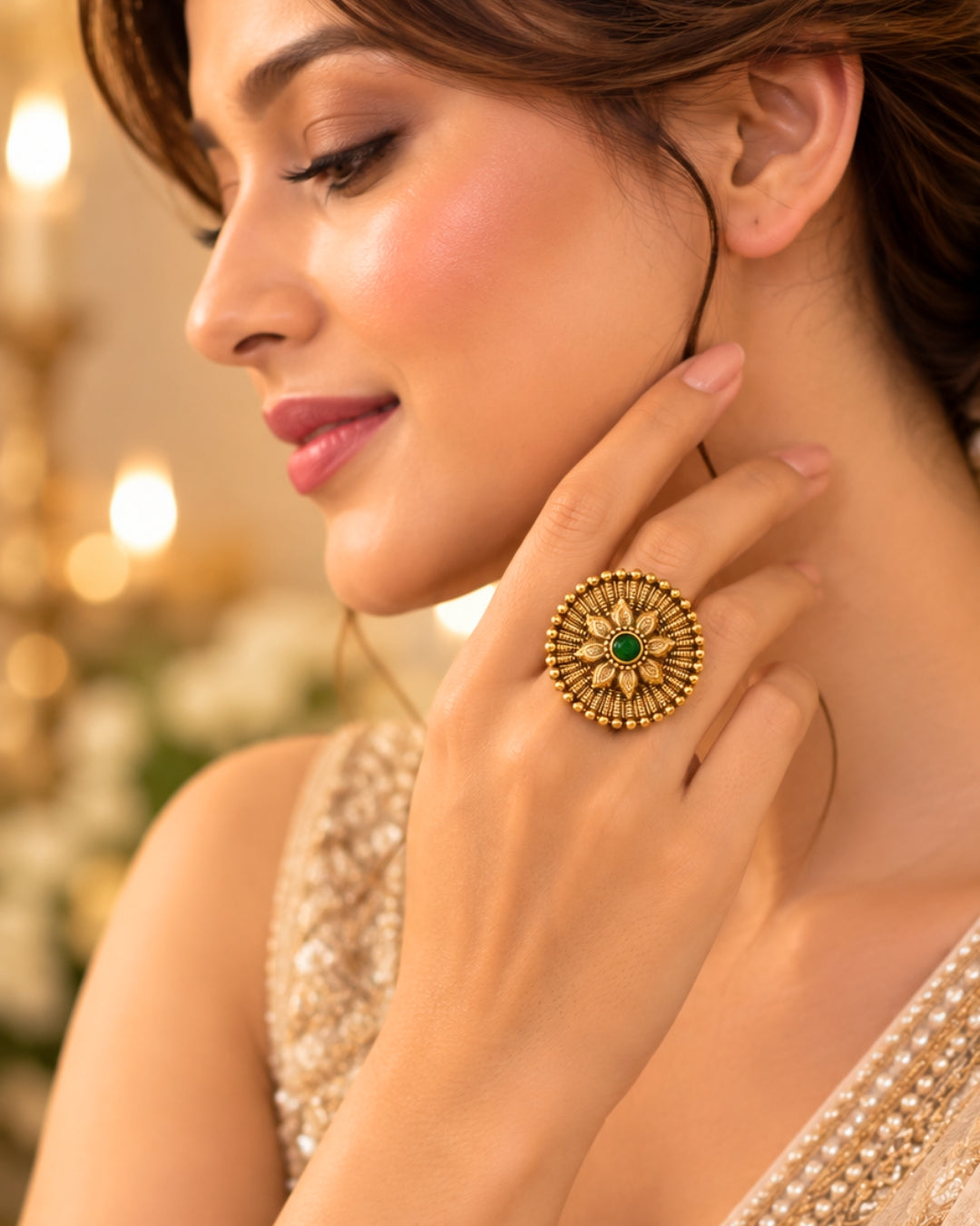 Floral Designed gold plated Round Emerald studded ring
