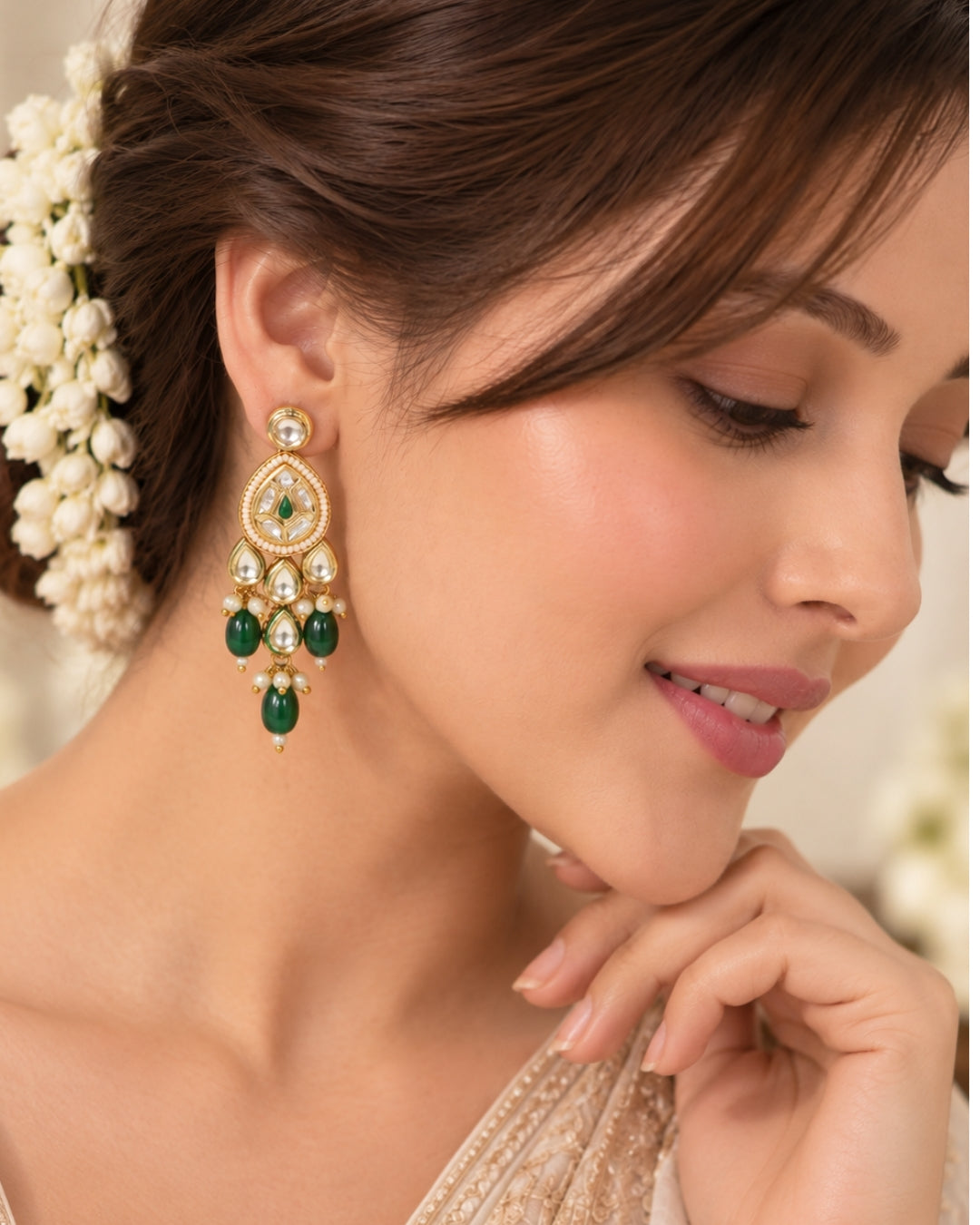 Gold Plated Kundan Teardrop Earrings with Green Beads