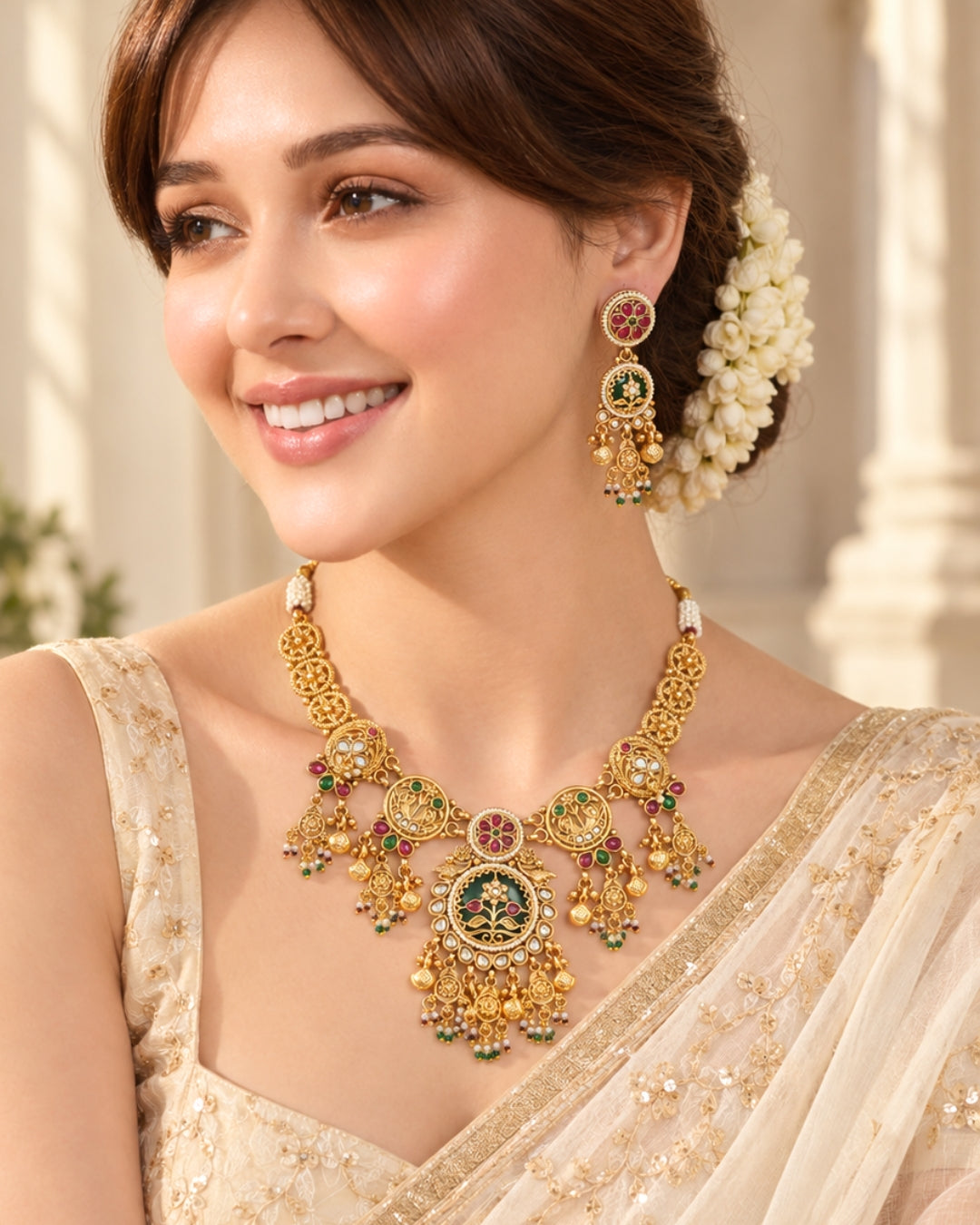 Rajwadi Emerald Multi-stone Gold Plated Necklace Set