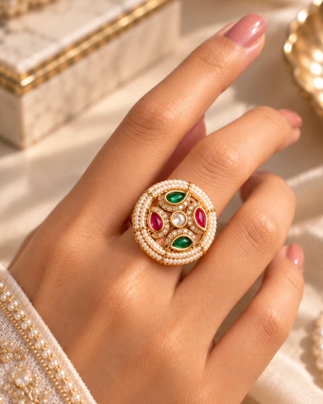 Round Pearl American Diamond Multicolour Ring
