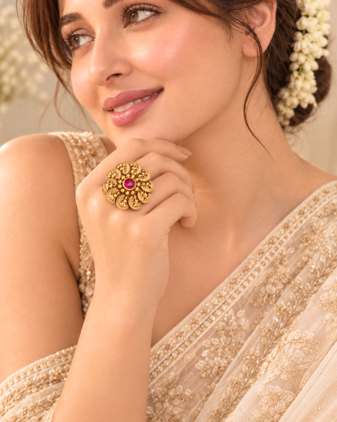 Temple Gold Plated Ruby Laxmi Coin Adjustable Ring