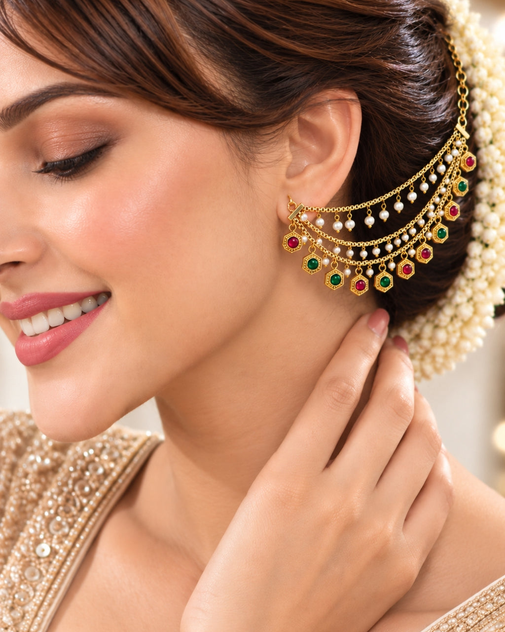 Traditional 22K Micron Gold Plated Multilayer Pearl Detailing Earchain