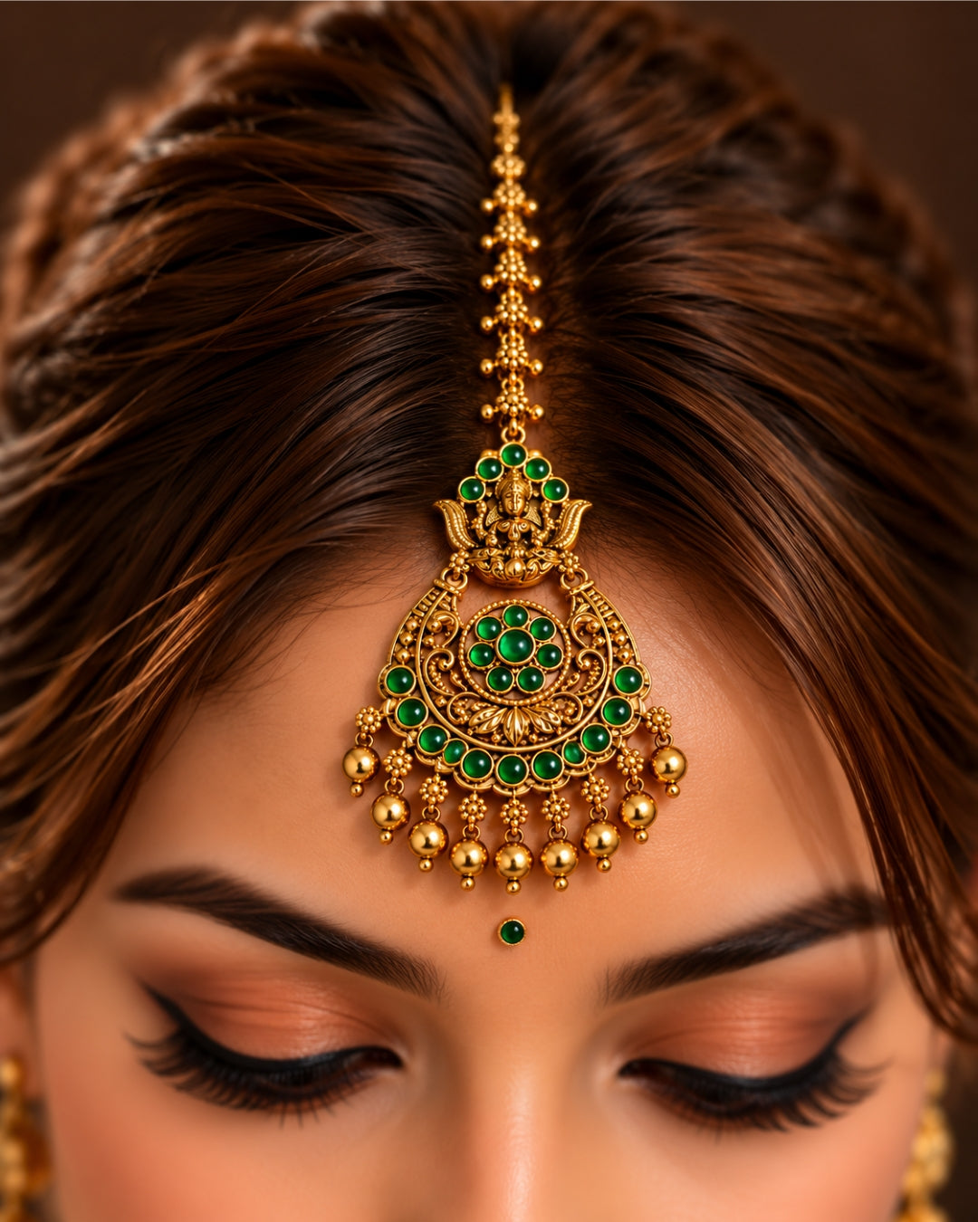 Temple Gold Plated Green Stone Maang Tikka