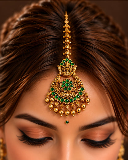 Temple Gold Plated Green Stone Maang Tikka