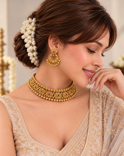 Round Beaded Floral Gold-Toned Choker Necklace Set